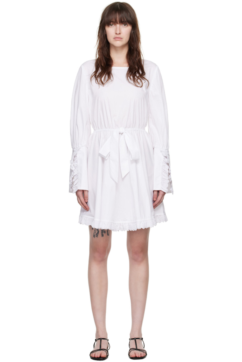 Cotton poplin dress. Ruffled trim with embroidered floral detailing at hem and vented cuffs.

· Square neck
· Self-tie strap with bow accent at elasticized waistband
· Gathering at sleeves
· Button fastening at back collar

Supplier color: White
