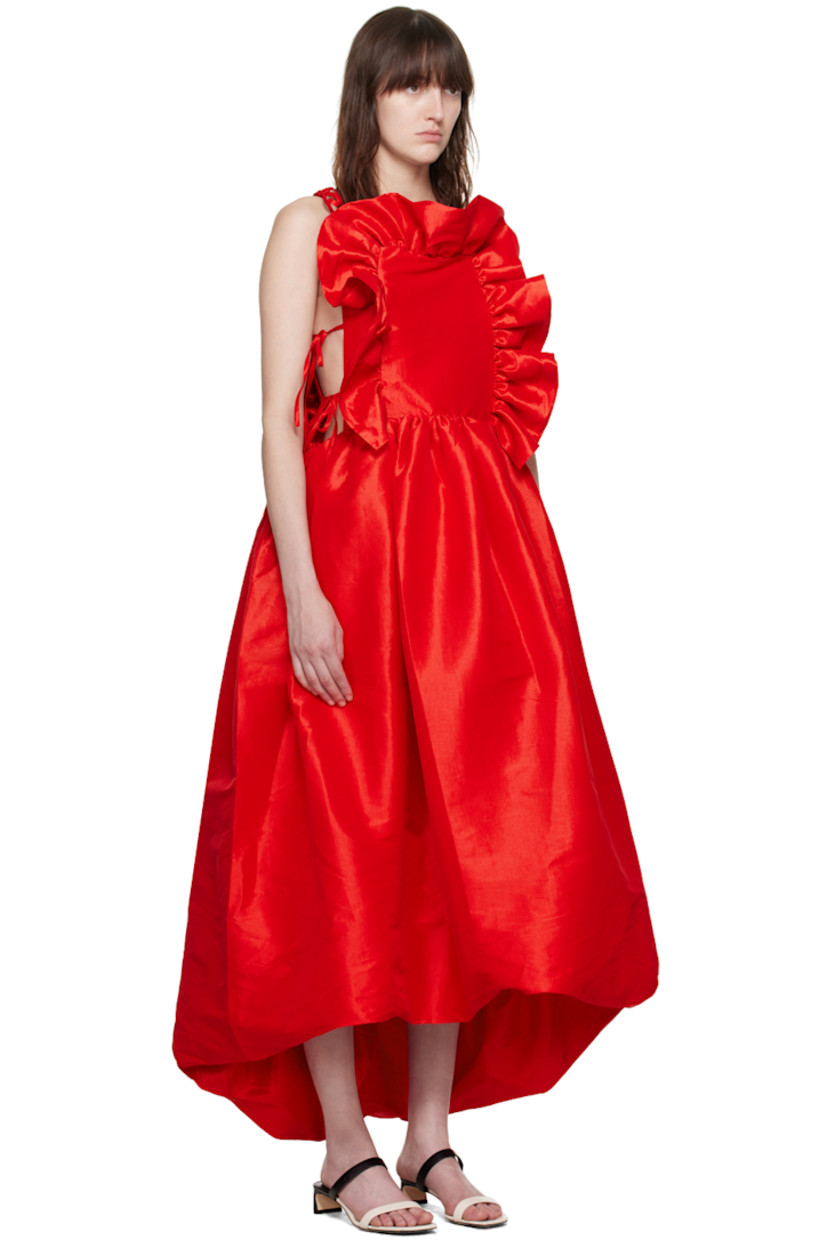 Stretch polyester- and nylon-blend taffeta dress.

· Square neck
· Ruffled trim at front and back
· Gathering at waist
· Bubble hem
· Seam pockets
· Self-tie fastening at side seams
· Self-tie shoulder straps
· Full stretch satin lining

Available exclusively at SSENSE.

Supplier color: Red