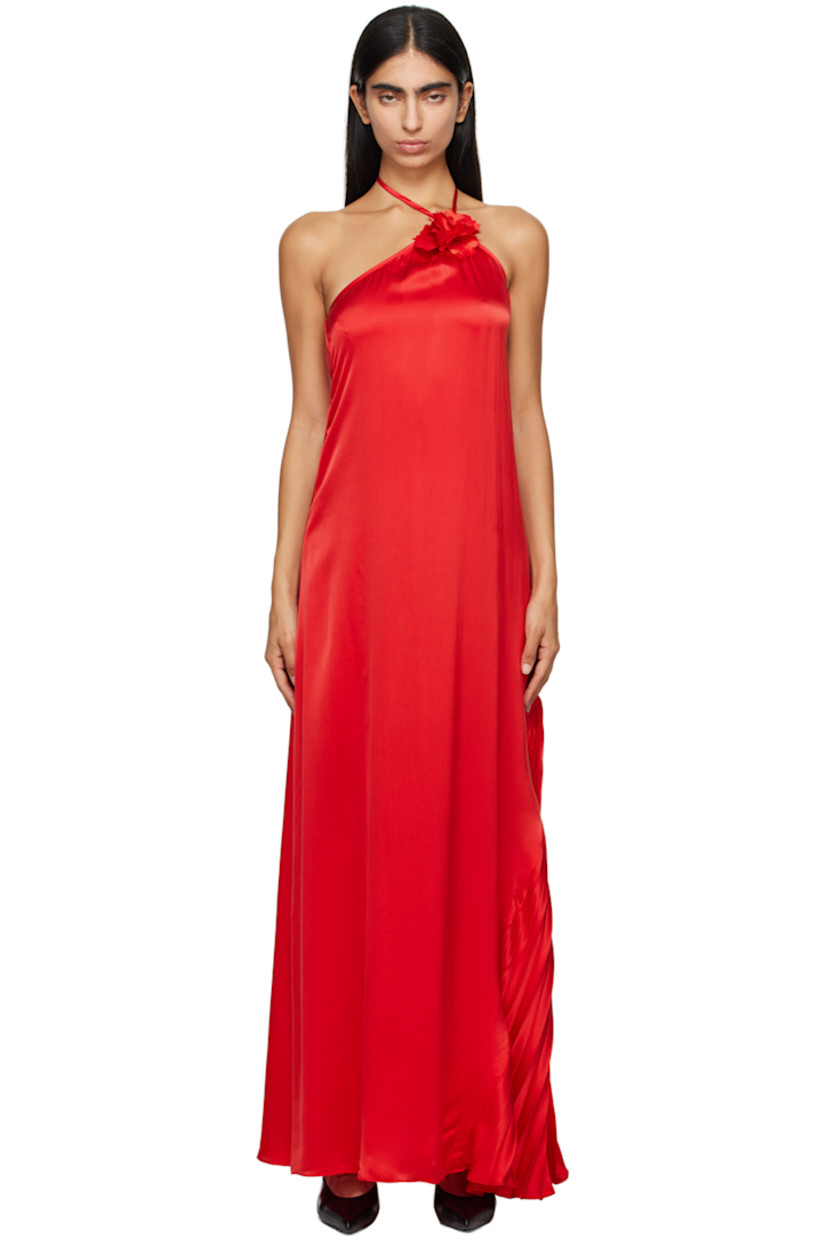 Silk satin dress. 

· Floral appliqué at halter neck and side 
· Pleats at side 
· Self-tie halter strap
· Concealed zip closure at back
· Unlined

Supplier color: Red