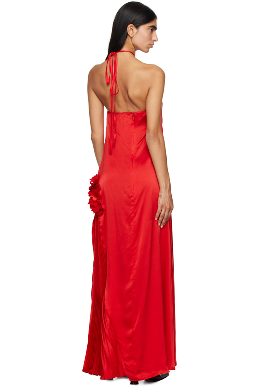Silk satin dress. 

· Floral appliqué at halter neck and side 
· Pleats at side 
· Self-tie halter strap
· Concealed zip closure at back
· Unlined

Supplier color: Red