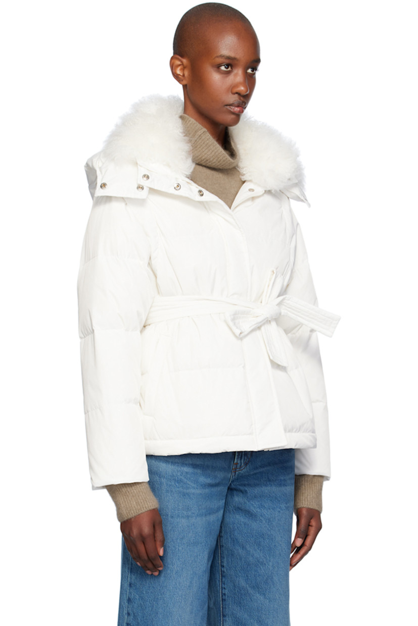 Down-filled and quilted polyester taffeta jacket.

· Press-stud throat guard at detachable hood
· Shearling trim at funnel neck
· Zip closure with press-stud placket
· Welt pockets
· Bungee-style drawstring at hem
· Detachable self-tie belt
· Detachable sleeves
· Elasticized cuffs
· Full satin lining

Supplier color: Cime

Fill: 90% duck down, 10% duck feather.