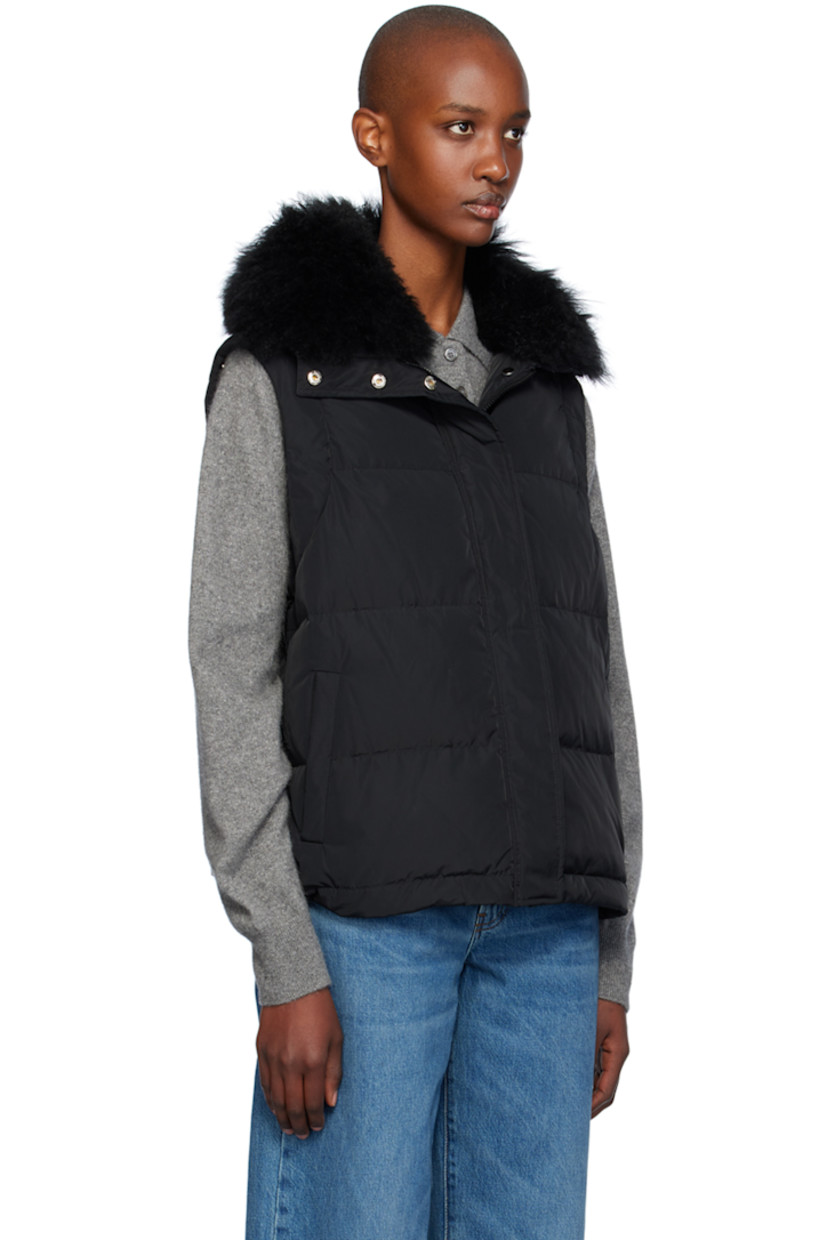Down-filled and quilted polyester taffeta jacket.

· Press-stud throat guard at detachable hood
· Shearling trim at funnel neck
· Zip closure with press-stud placket
· Welt pockets
· Bungee-style drawstring at hem
· Detachable self-tie belt
· Detachable sleeves
· Elasticized cuffs
· Full satin lining

Supplier color: Black

Fill: 90% duck down, 10% duck feather.