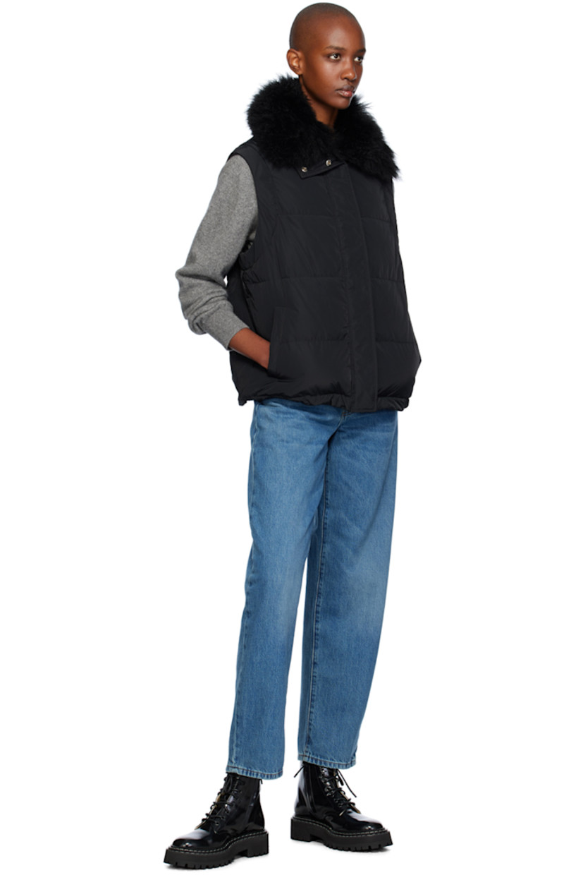 Down-filled and quilted polyester taffeta jacket.

· Press-stud throat guard at detachable hood
· Shearling trim at funnel neck
· Zip closure with press-stud placket
· Welt pockets
· Bungee-style drawstring at hem
· Detachable self-tie belt
· Detachable sleeves
· Elasticized cuffs
· Full satin lining

Supplier color: Black

Fill: 90% duck down, 10% duck feather.