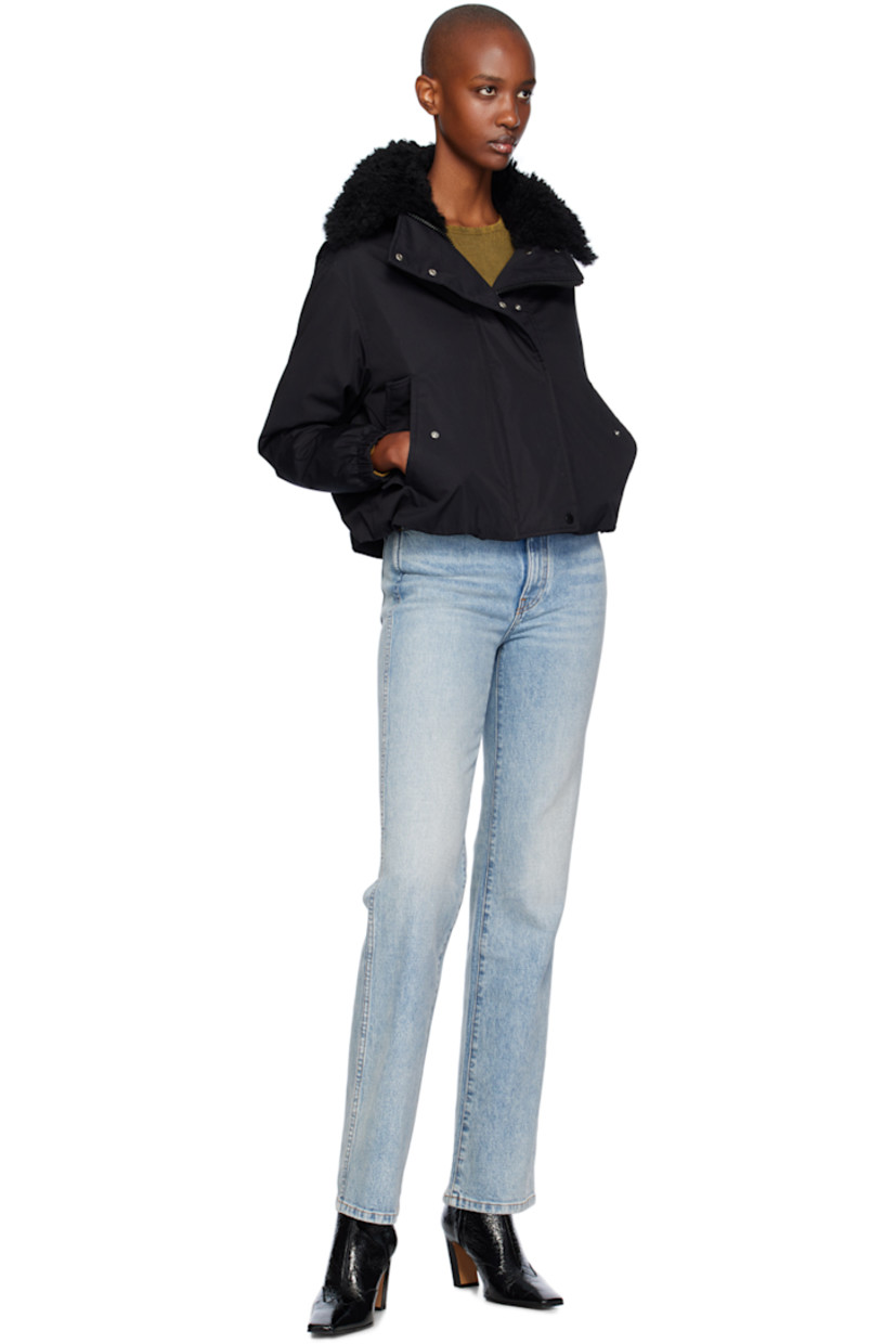 Down-filled cotton-blend poplin jacket.

· Press-stud fastening at shearling spread collar
· Zip closure with press-stud placket
· Flap pockets
· Bungee-style drawstring at cropped hem
· Elasticized cuffs
· Full nylon satin lining

Supplier color: Black

Fill: 95% duck down, 5% duck feather.