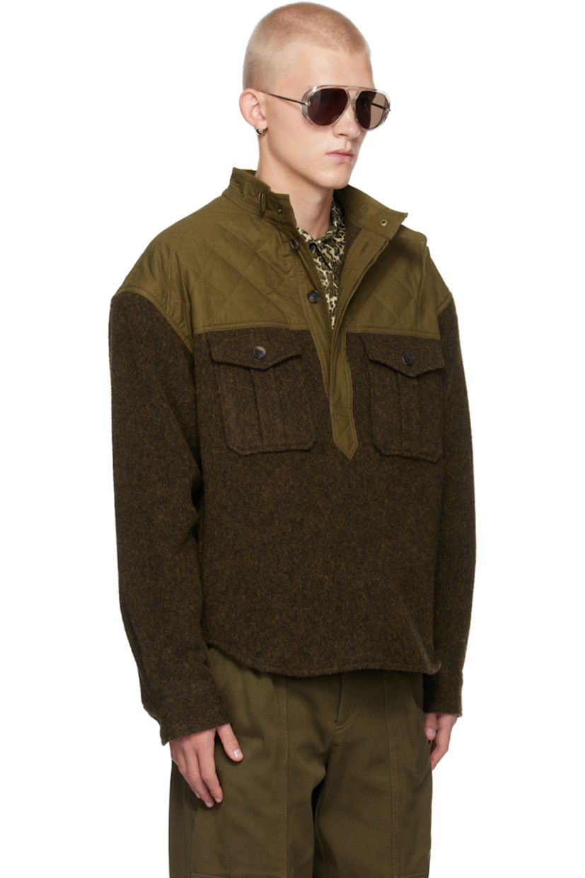 Recycled wool-blend flannel shirt.

· Paneled construction
· Band collar
· Concealed three-button placket
· Flap pockets
· Shirttail hem
· Flap and seam pockets
· Quilted cotton canvas panel at shoulders
· Dropped shoulders
· Pleating at single-button barrel cuffs
· Logo-engraved hardware

Supplier color: Dark khaki