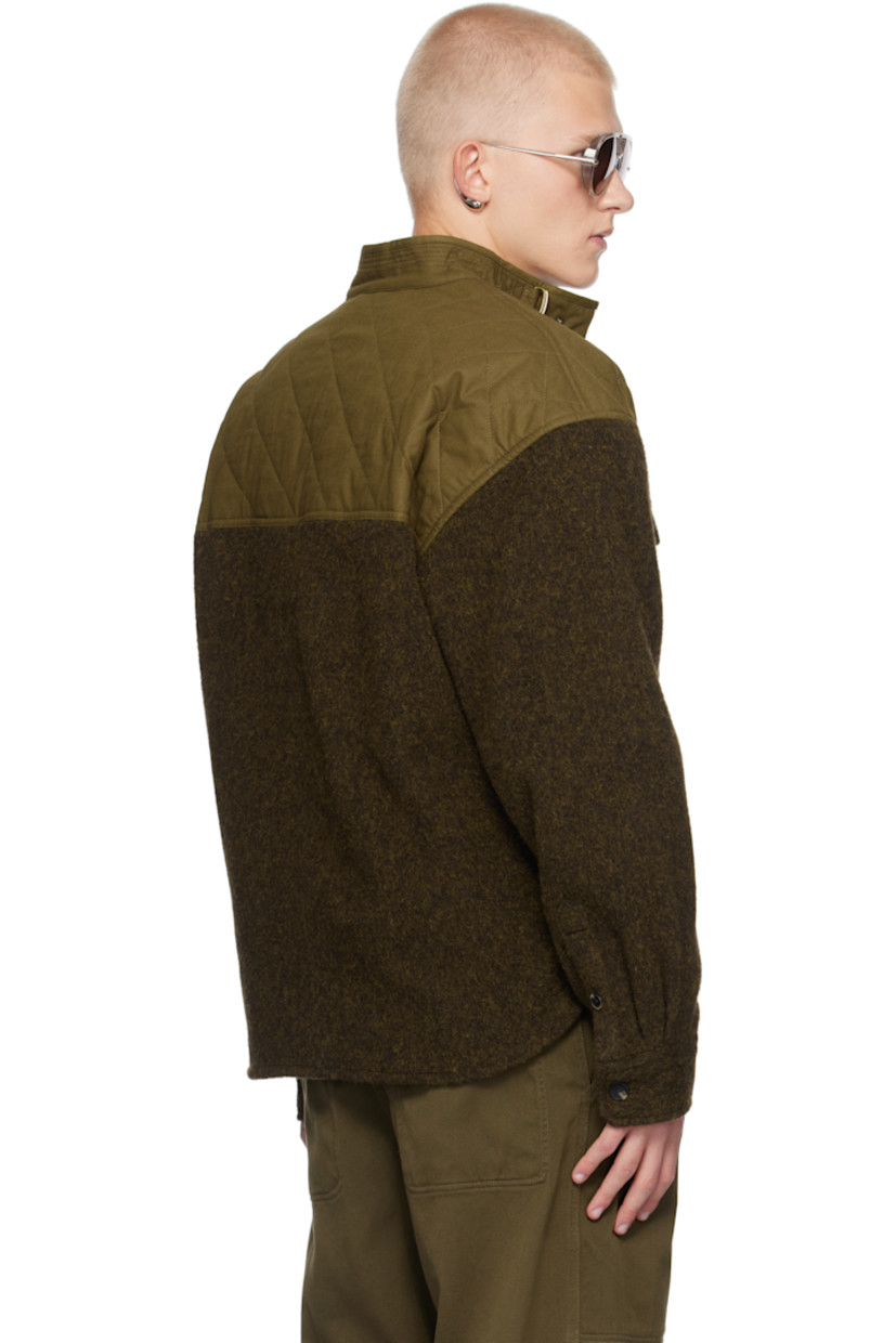 Recycled wool-blend flannel shirt.

· Paneled construction
· Band collar
· Concealed three-button placket
· Flap pockets
· Shirttail hem
· Flap and seam pockets
· Quilted cotton canvas panel at shoulders
· Dropped shoulders
· Pleating at single-button barrel cuffs
· Logo-engraved hardware

Supplier color: Dark khaki