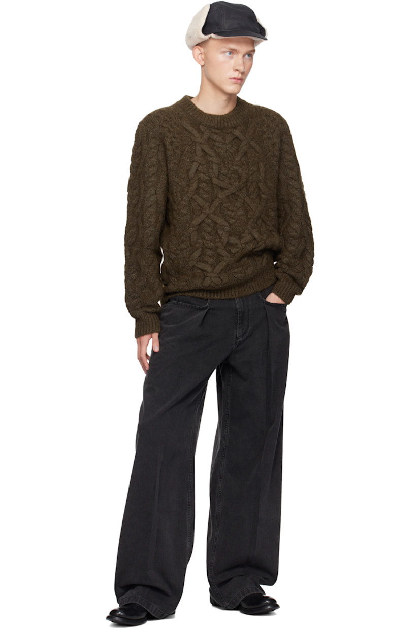Cable-knit virgin wool-blend sweater.

· Rib-knit crewneck, hem, and cuffs
· Dropped shoulders

Supplier color: Bronze