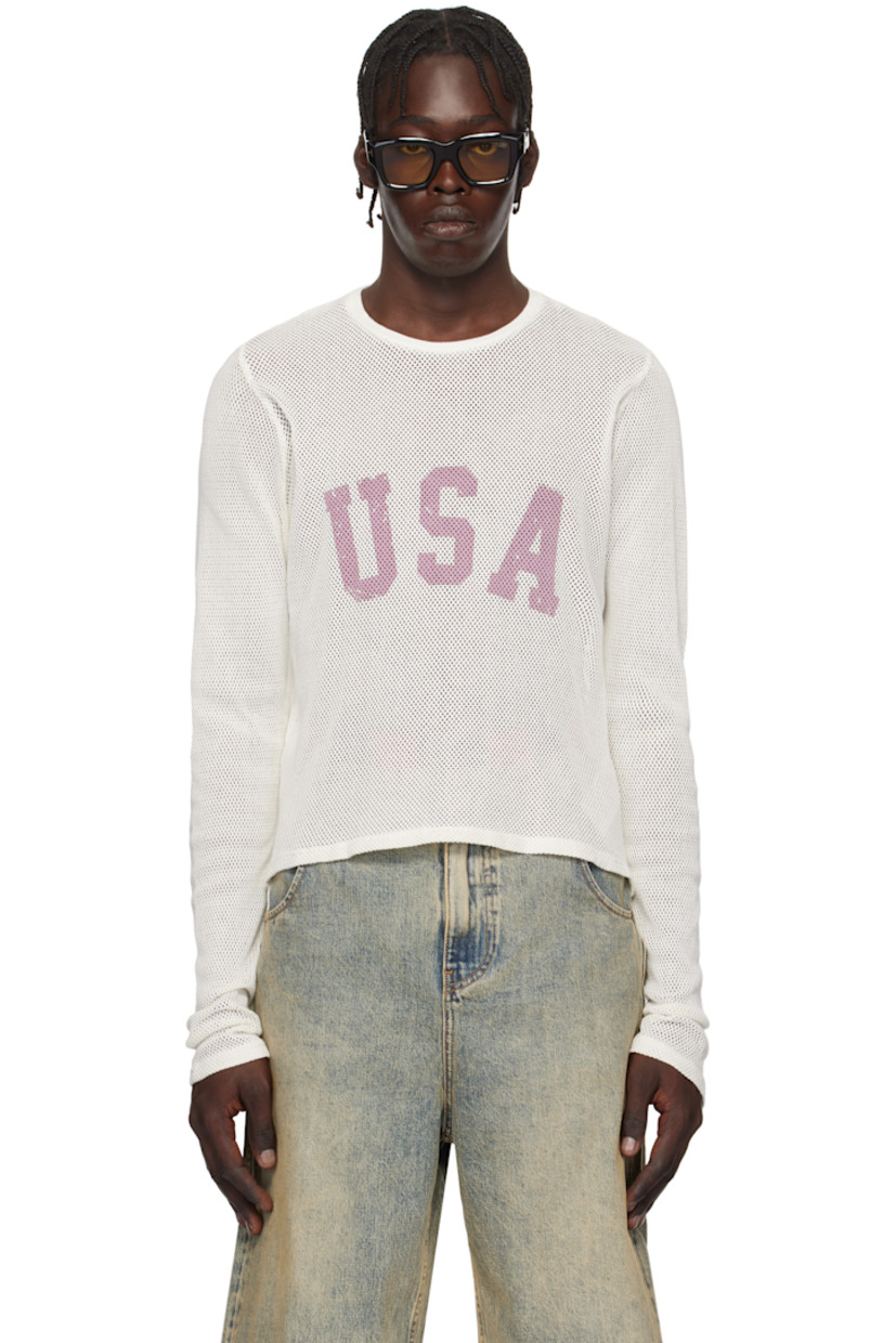 Semi-sheer cotton mesh T-shirt. Fading throughout.

· Rib-knit crewneck
· Logo printed at chest

Supplier color: Pearl white/Multi