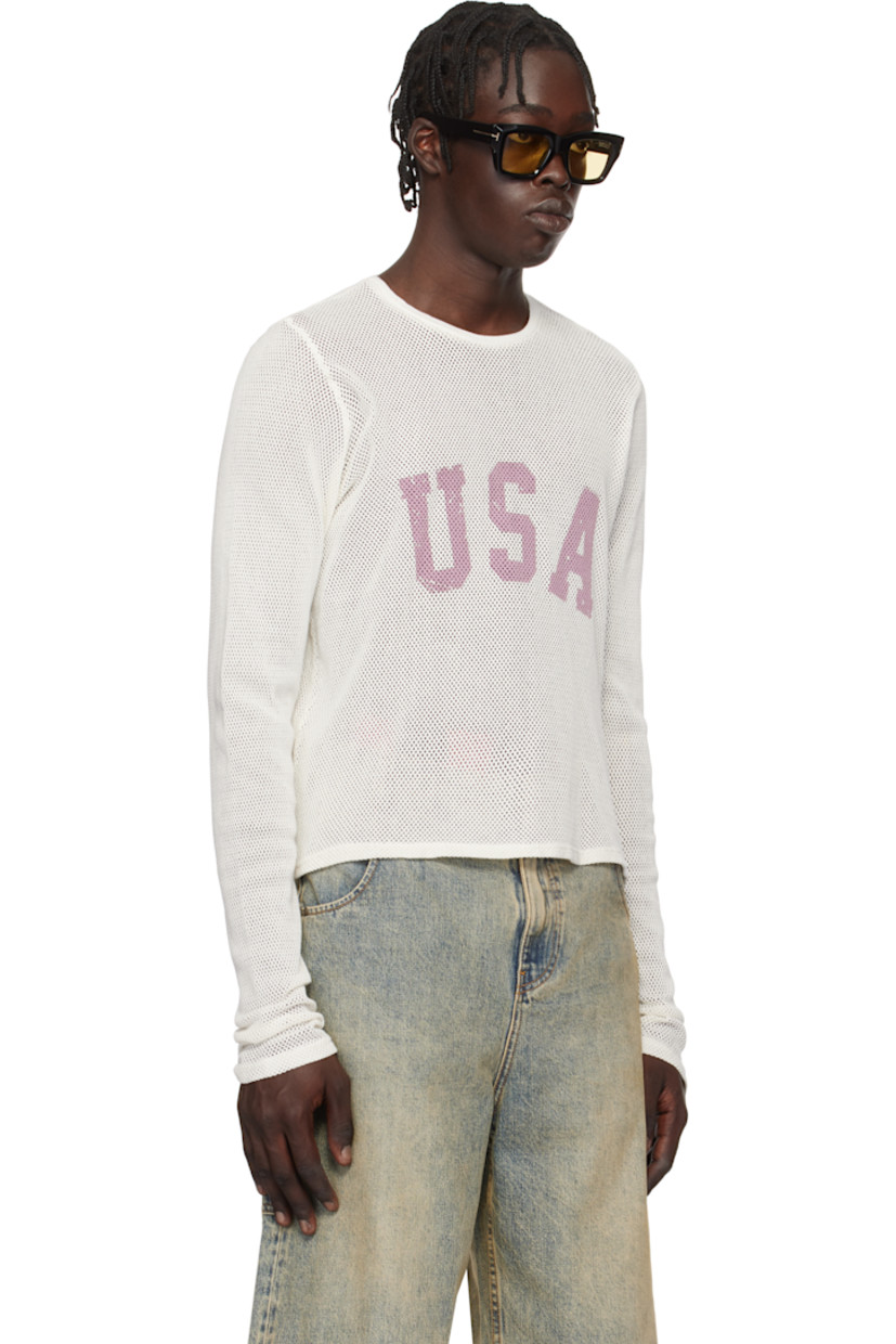 Semi-sheer cotton mesh T-shirt. Fading throughout.

· Rib-knit crewneck
· Logo printed at chest

Supplier color: Pearl white/Multi
