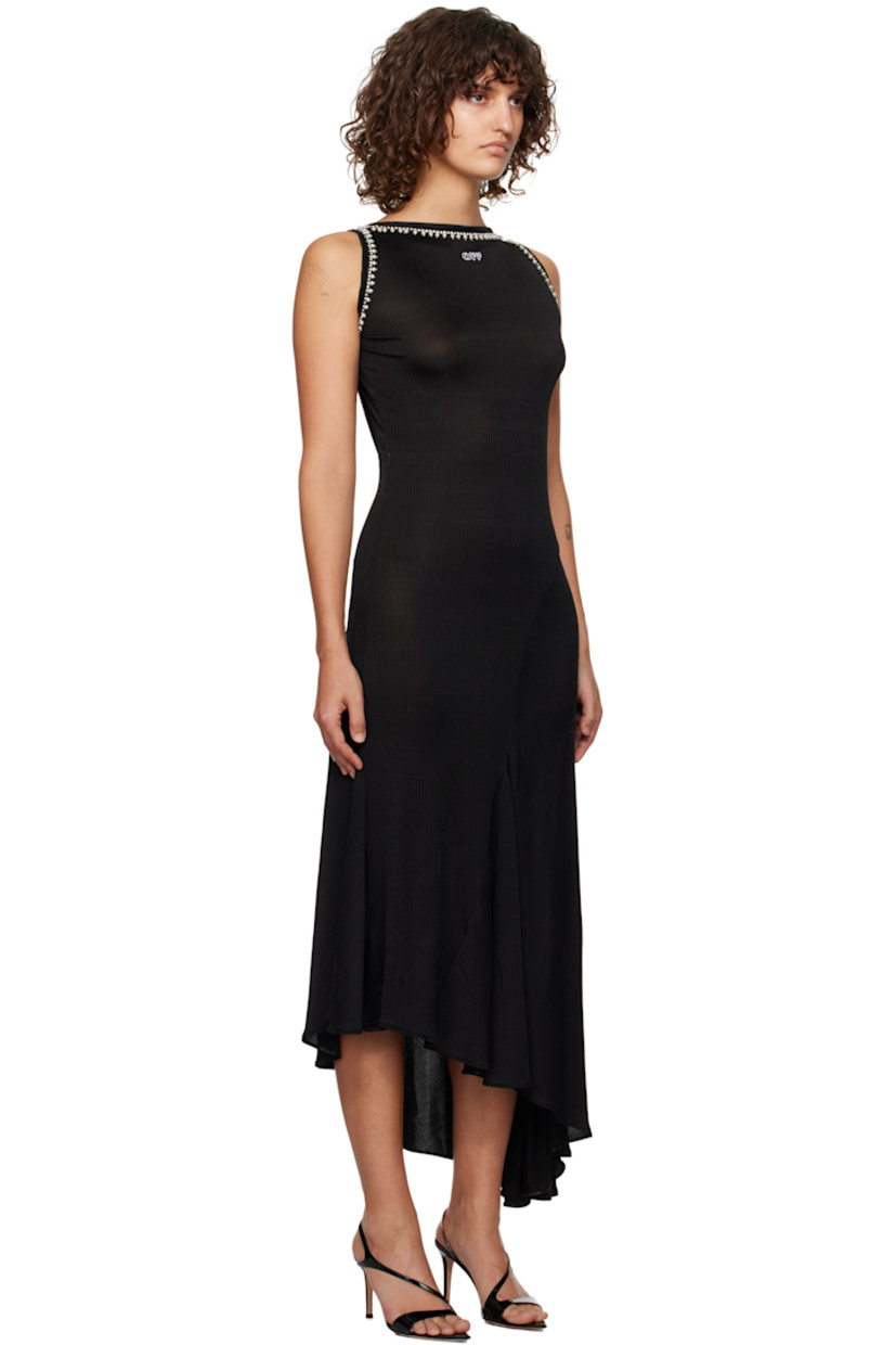 Rib-knit stretch viscose maxi dress

· Crystal-cut and faux-pearl detailing at boat neck and armscyes
· Logo embroidered at chest
· Asymmetric hem
· Low back

Supplier color: Black/White