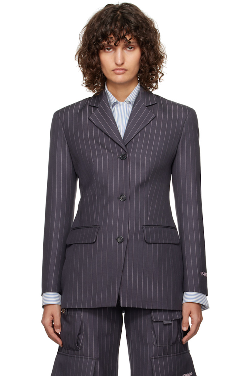 Virgin wool-blend twill blazer. Pinstripes throughout.

· Notched lapel
· Button closure
· Flap pockets
· Padded shoulders
· Logo embroidered at cuff
· Four-button surgeon's cuffs
· Central vent at back hem
· Full logo-woven viscose satin lining

Supplier color: Forged iron