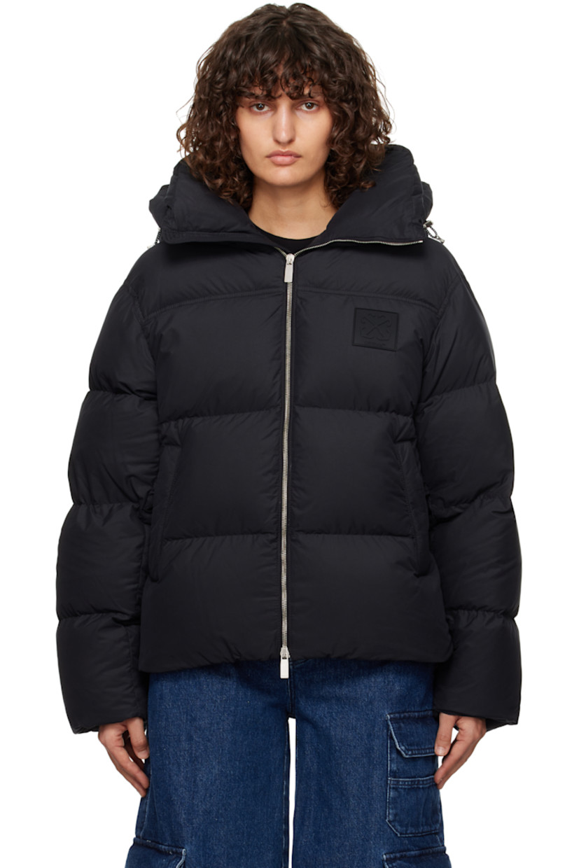 Down-filled and quilted polyester satin jacket.

· Bungee-style drawstring at hood
· Funnel neck
· Two-way zip closure
· Rubberized logo patch at chest
· Welt pockets
· Bungee-style drawstring at hem
· Zip pocket at interior
· Full satin lining

Supplier color: Black

Fill: 80% down, 20% feather.
