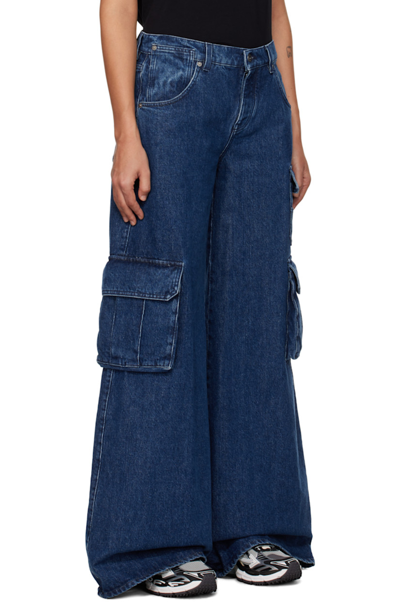 Wide-leg non-stretch denim jeans. Fading throughout.

· Belt loops
· Five-pocket styling
· Button-fly
· Cargo pockets at outseams
· Logo patch at back waistband

Supplier color: Deep blue