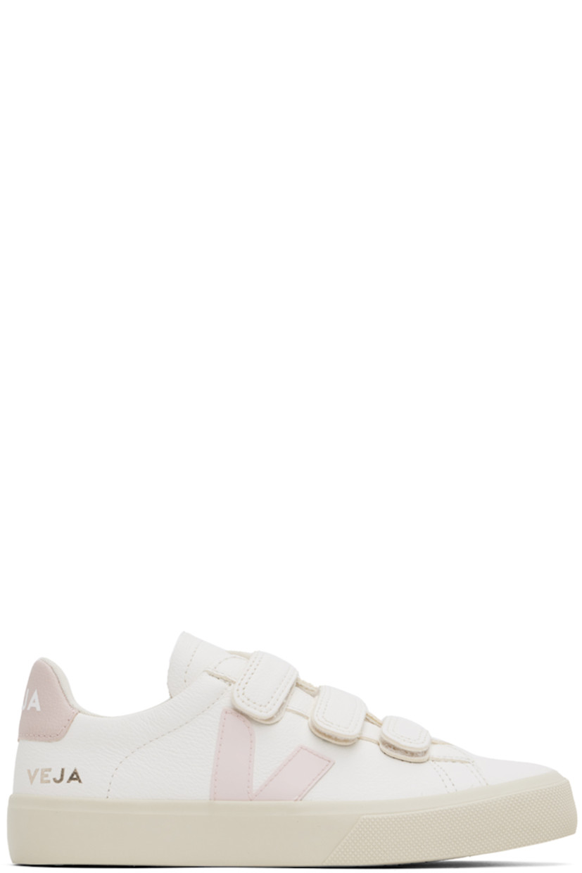 Low-top grained ChromeFree leather sneakers in white and pink.

· Velcro straps at vamp
· Logo embossed at padded tongue
· Padded collar
· Rubberized logo appliqué at sides
· Gold-tone logo stamp at outer side
· Logo printed at heel tab
· Jersey lining
· Treaded rubber sole

Supplier color: White/Petale