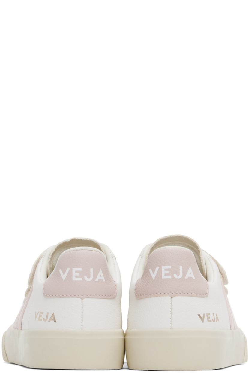 Low-top grained ChromeFree leather sneakers in white and pink.

· Velcro straps at vamp
· Logo embossed at padded tongue
· Padded collar
· Rubberized logo appliqué at sides
· Gold-tone logo stamp at outer side
· Logo printed at heel tab
· Jersey lining
· Treaded rubber sole

Supplier color: White/Petale