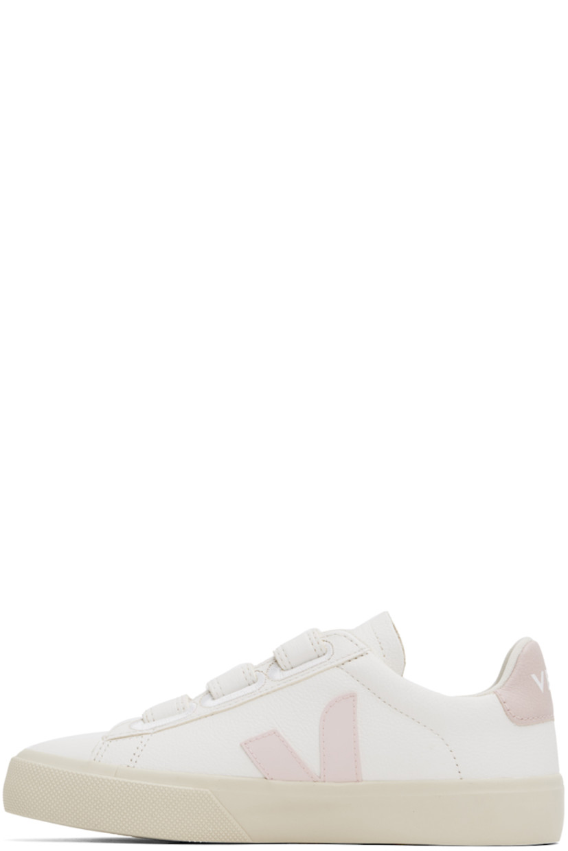 Low-top grained ChromeFree leather sneakers in white and pink.

· Velcro straps at vamp
· Logo embossed at padded tongue
· Padded collar
· Rubberized logo appliqué at sides
· Gold-tone logo stamp at outer side
· Logo printed at heel tab
· Jersey lining
· Treaded rubber sole

Supplier color: White/Petale