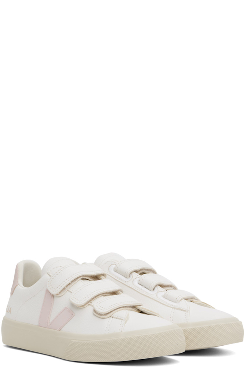 Low-top grained ChromeFree leather sneakers in white and pink.

· Velcro straps at vamp
· Logo embossed at padded tongue
· Padded collar
· Rubberized logo appliqué at sides
· Gold-tone logo stamp at outer side
· Logo printed at heel tab
· Jersey lining
· Treaded rubber sole

Supplier color: White/Petale
