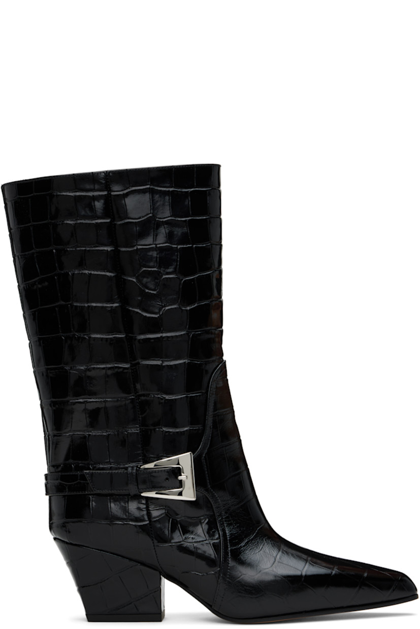 Mid-calf croc-embossed and polished leather slip-on boots in black.

· Pointed square toe
· Pin-buckle strap at outer side
· Buffed leather lining
· Covered Cuban heel with rubber injection
· Polished leather sole
· Heel: H2.25"

Supplier color: Black