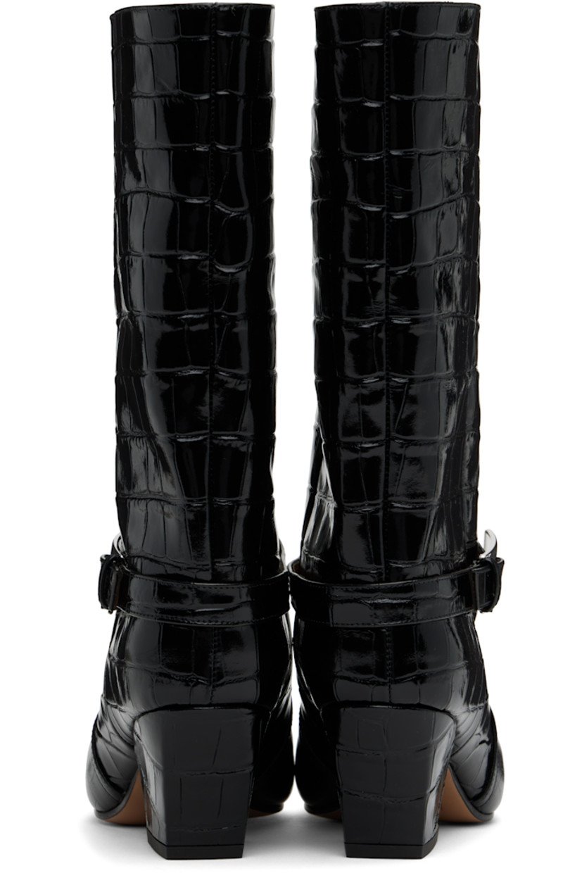Mid-calf croc-embossed and polished leather slip-on boots in black.

· Pointed square toe
· Pin-buckle strap at outer side
· Buffed leather lining
· Covered Cuban heel with rubber injection
· Polished leather sole
· Heel: H2.25"

Supplier color: Black