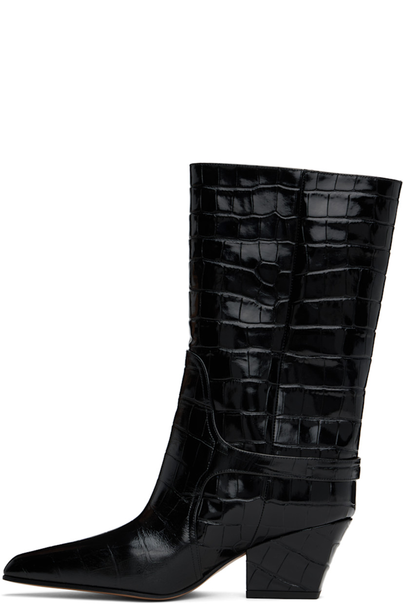 Mid-calf croc-embossed and polished leather slip-on boots in black.

· Pointed square toe
· Pin-buckle strap at outer side
· Buffed leather lining
· Covered Cuban heel with rubber injection
· Polished leather sole
· Heel: H2.25"

Supplier color: Black