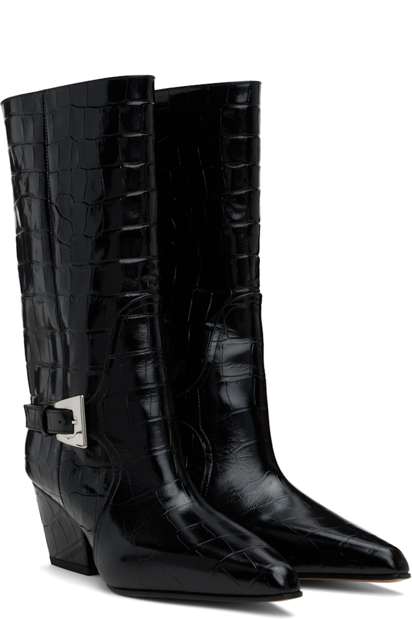 Mid-calf croc-embossed and polished leather slip-on boots in black.

· Pointed square toe
· Pin-buckle strap at outer side
· Buffed leather lining
· Covered Cuban heel with rubber injection
· Polished leather sole
· Heel: H2.25"

Supplier color: Black