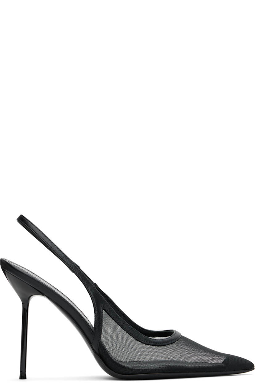 Sheer mesh heels in black.

· Pointed toe
· Elasticized slingback strap
· Logo stamp at buffed leather footbed
· Lacquered stiletto heel with rubber injection
· Polished leather sole
· Heel: H4.25"

Supplier color: Black