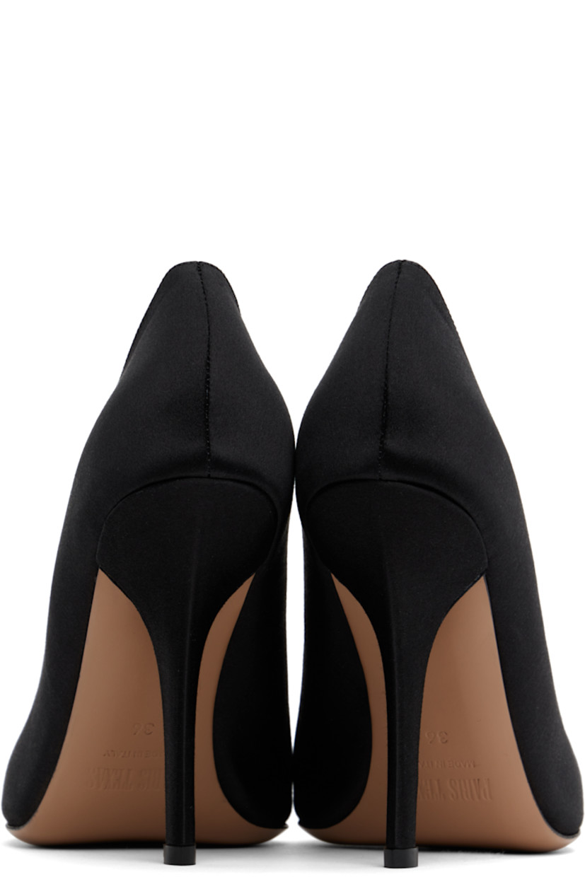 Satin heels in black.

· Pointed toe
· Buffed leather lining
· Covered stiletto heel with rubber injection
· Polished leather sole
· Heel: H4"

Supplier color: Black