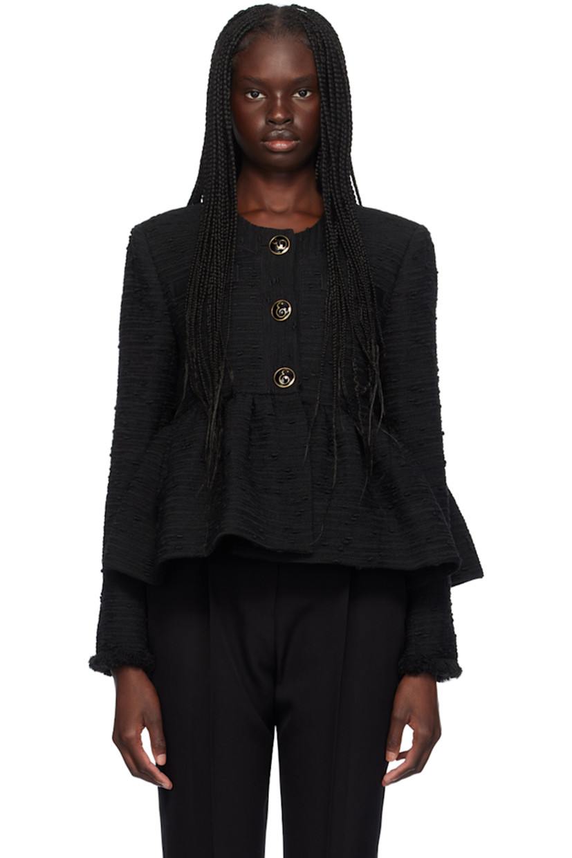 Polyester-blend tweed jacket.

· Band collar
· Button closure
· Mock welt pockets 
· Gathering at cropped peplum hem
· Frayed edge at cuffs
· Partial cotton twill lining
· Partial silk satin lining
· Enameled logo hardware

Supplier color: Black