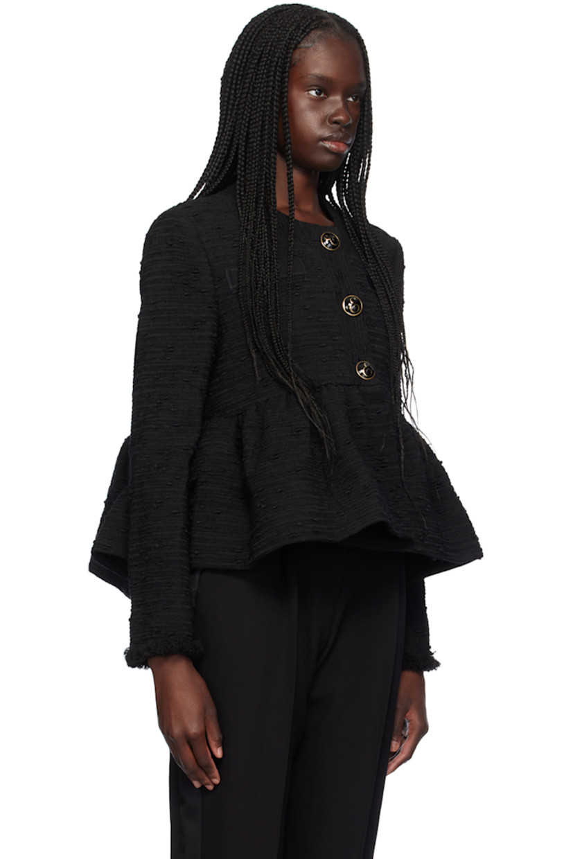 Polyester-blend tweed jacket.

· Band collar
· Button closure
· Mock welt pockets 
· Gathering at cropped peplum hem
· Frayed edge at cuffs
· Partial cotton twill lining
· Partial silk satin lining
· Enameled logo hardware

Supplier color: Black