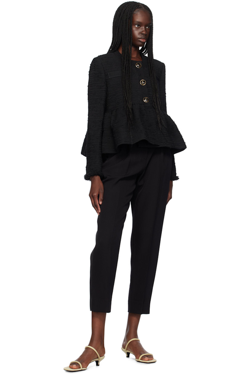 Tapered virgin wool grain de poudre trousers.

· Four-pocket styling
· Zip-fly
· Pleats at front
· Satin trim at outseams 
· Creased legs

Supplier color: Black