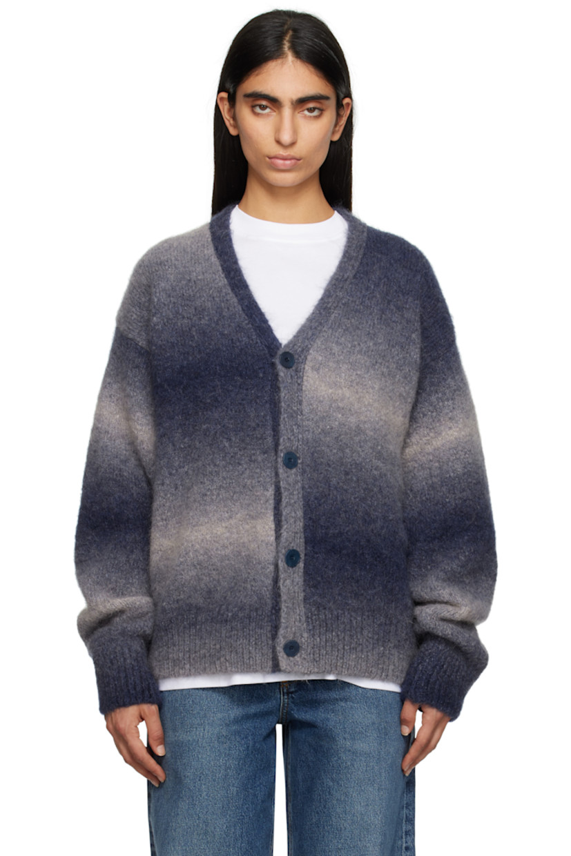 Knit alpaca-blend cardigan. Gradient throughout.

· Rib-knit Y-neck, hem, and cuffs
· Button closure
· Dropped shoulders
· Logo embroidered at cuff

Supplier color: Navy