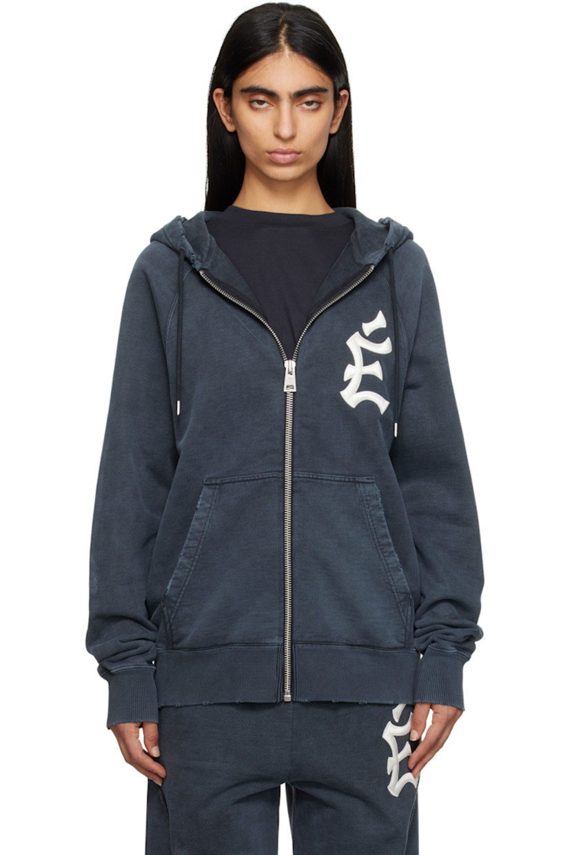 Organic cotton French terry hoodie. Fading throughout.

· Drawstring at hood
· Zip closure
· Logo embroidered at chest 
· Patch pockets
· Rib-knit hem and cuffs
· Logo-engraved silver-tone hardware

Supplier color: Navy