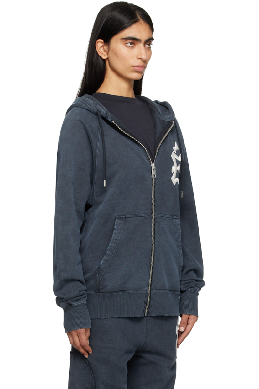 Organic cotton French terry hoodie. Fading throughout.

· Drawstring at hood
· Zip closure
· Logo embroidered at chest 
· Patch pockets
· Rib-knit hem and cuffs
· Logo-engraved silver-tone hardware

Supplier color: Navy
