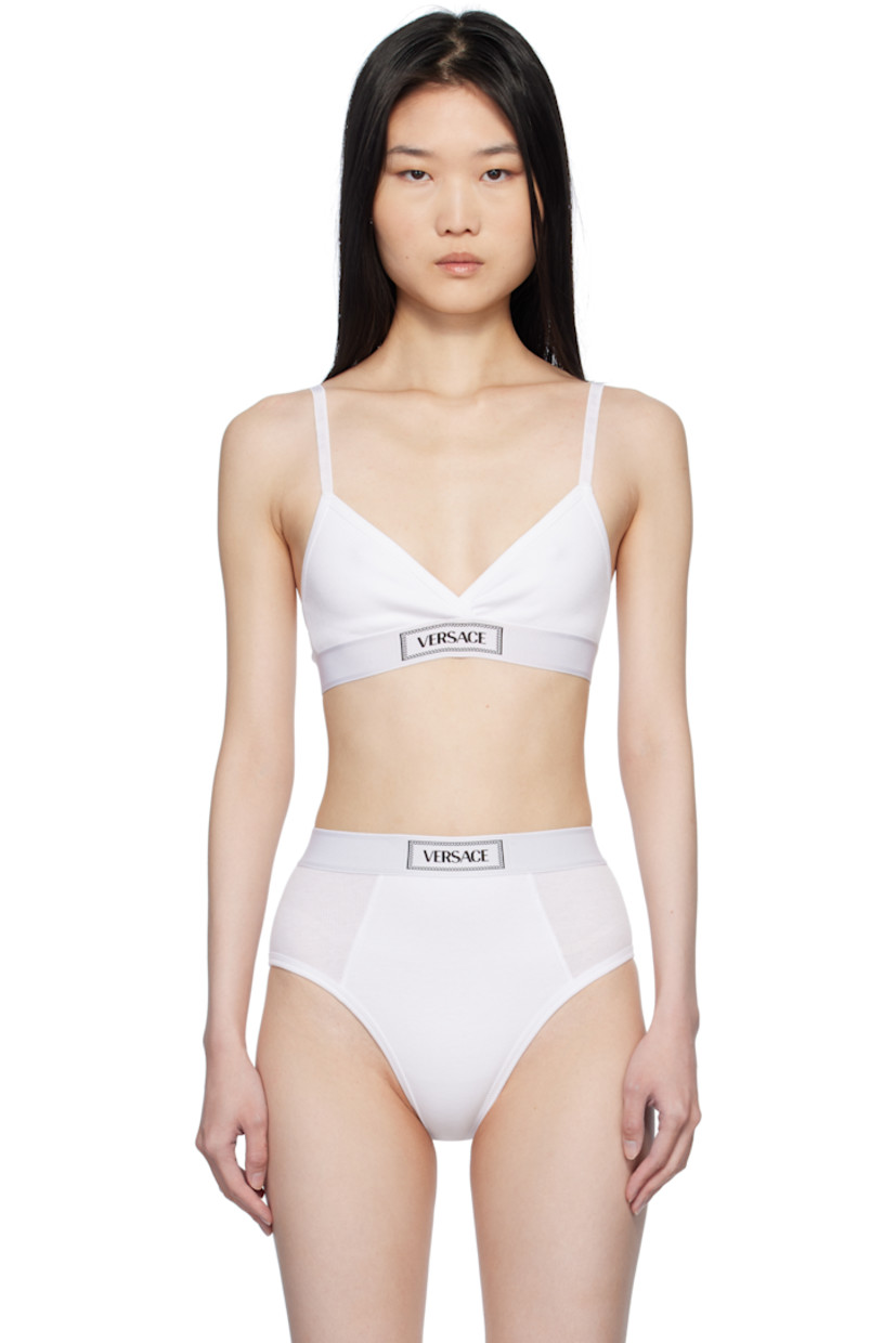 Stretch cotton ribbed jersey bralette. 

· V-neck
· Jacquard logo at elasticized hem
· Adjustable elasticized spaghetti straps
· Adjustable hook-eye fastening at back
· Partial stretch jersey lining

Supplier color: White
