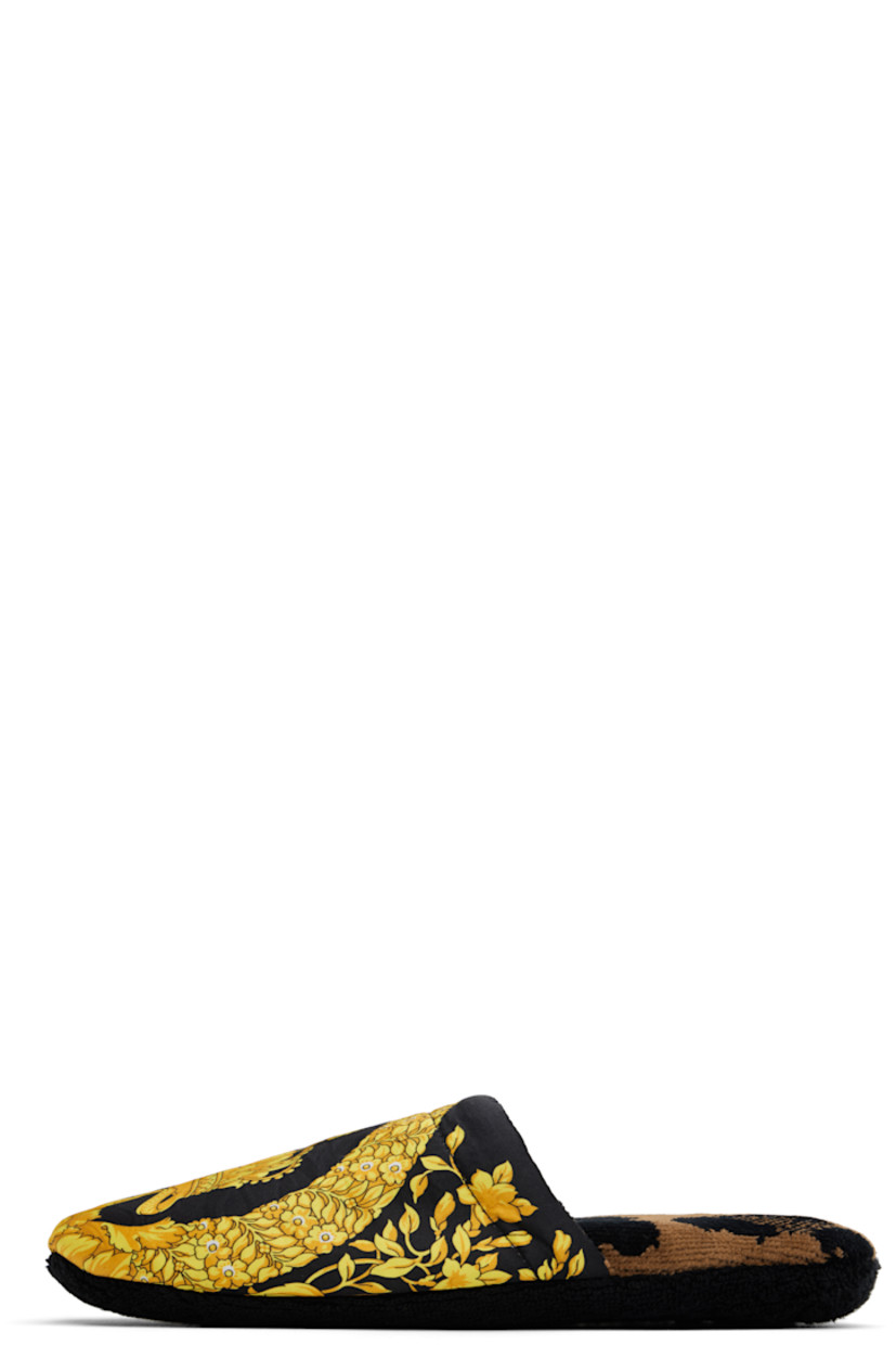 Cotton sateen slippers in black and yellow.

· Signature graphic pattern printed at vamp
· Jacquard graphic pattern at footbed 
· Padded terrycloth footbed and sole

Supplier color: Chestnut gold
