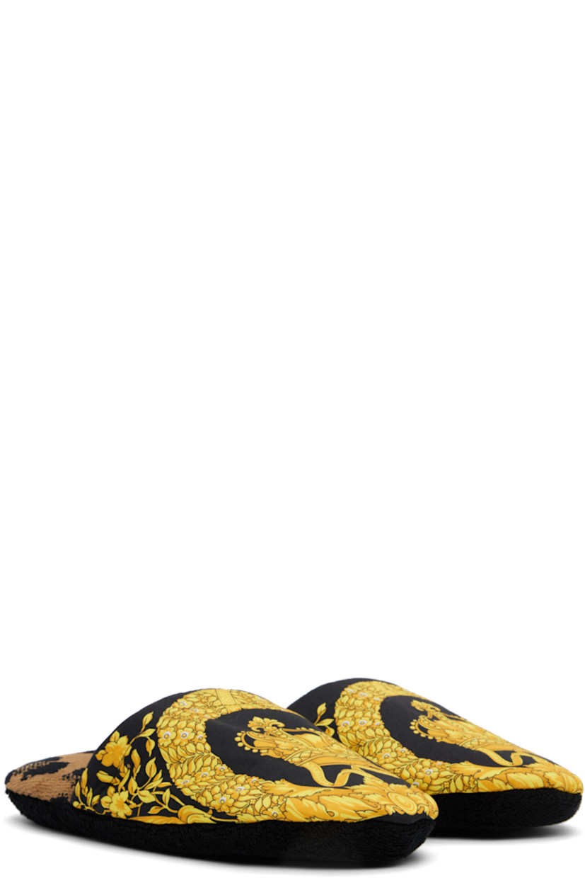 Cotton sateen slippers in black and yellow.

· Signature graphic pattern printed at vamp
· Jacquard graphic pattern at footbed 
· Padded terrycloth footbed and sole

Supplier color: Chestnut gold