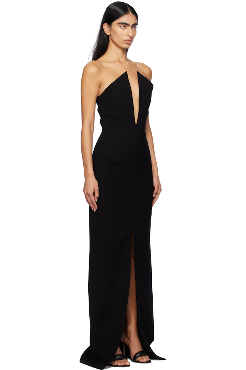Polyester crepe maxi dress.

· Plunging V-neck
· Boning at bodice
· Princess seams at front and back
· Central vent at front hem
· Concealed zip closure at back 

Supplier color: Black