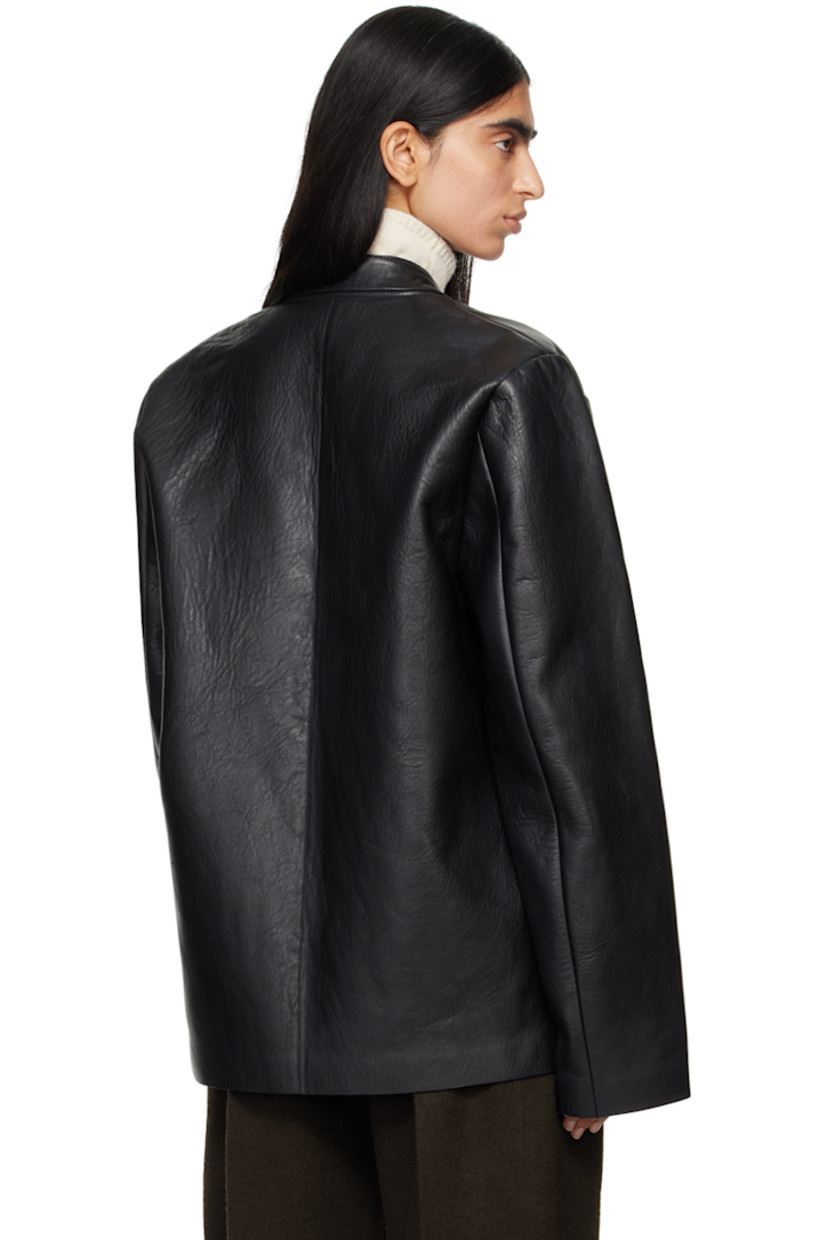 Grained leather jacket. 

· Band collar
· Button closure
· Flap pockets
· Full bonded suede lining

Supplier color: Black