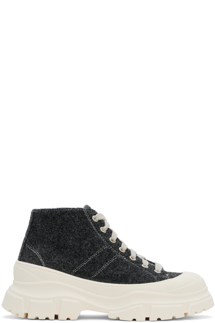 High-top melton sneakers in black.

· Rubber cap toe
· Lace-up closure
· Grained leather lining
· Rubber platform midsole
· Treaded rubber sole 
· Platform: H2" 

Supplier color: Shadow