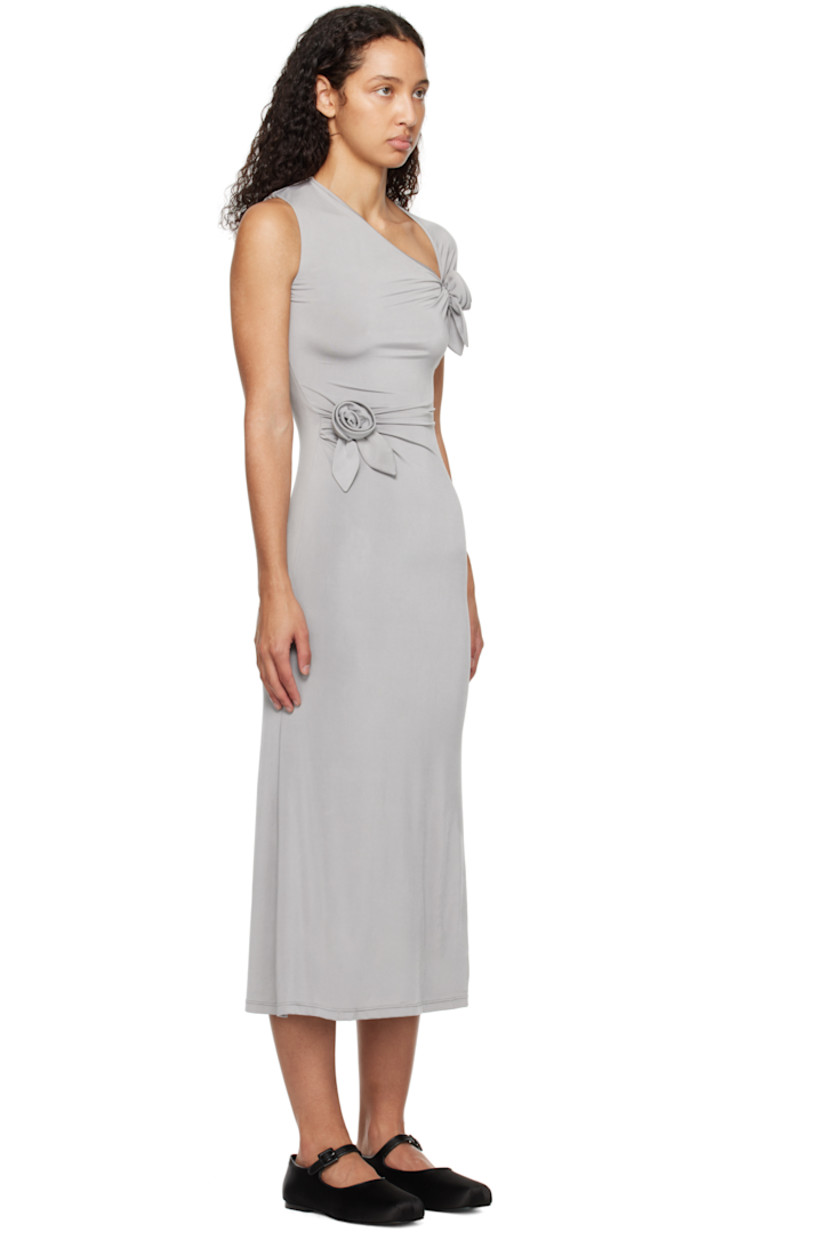 Stretch polyester jersey midi dress. 

· Gathering at asymmetric neckline
· Floral appliqués at armscye and waist
· Concealed zip closure at side seam
· Fully lined

Supplier color: Grey