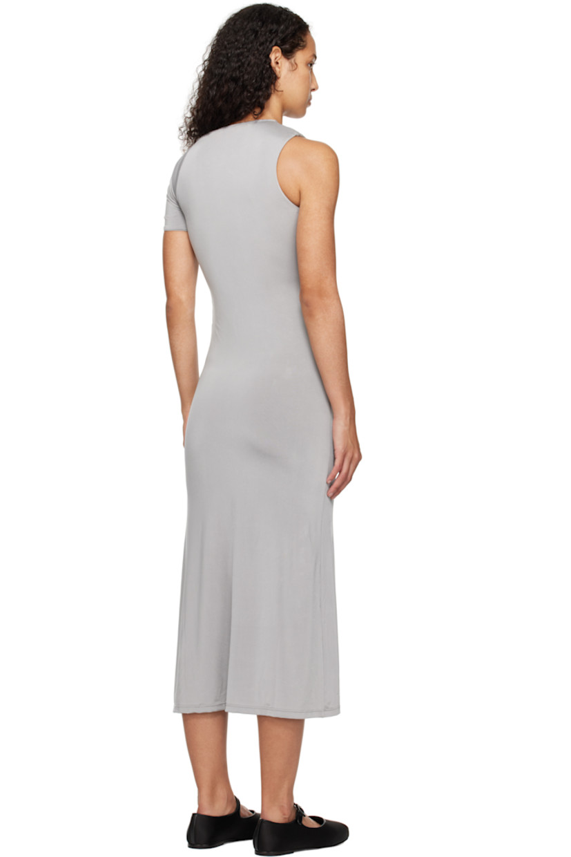 Stretch polyester jersey midi dress. 

· Gathering at asymmetric neckline
· Floral appliqués at armscye and waist
· Concealed zip closure at side seam
· Fully lined

Supplier color: Grey