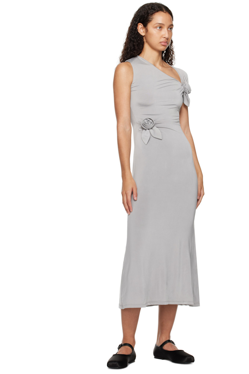 Stretch polyester jersey midi dress. 

· Gathering at asymmetric neckline
· Floral appliqués at armscye and waist
· Concealed zip closure at side seam
· Fully lined

Supplier color: Grey