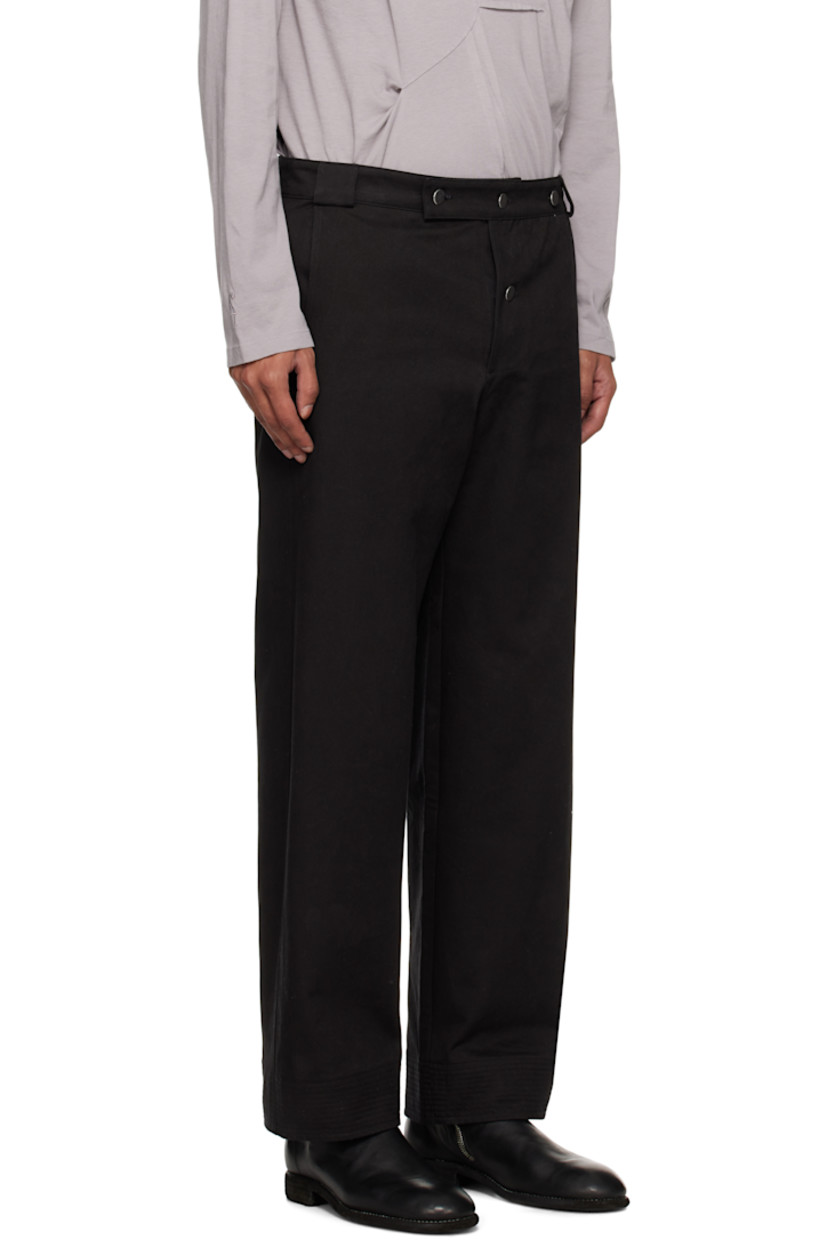 Cotton twill trousers. 

· Belt loops
· Four-pocket styling
· Button-fly 
· Embroidered eyelets at back pockets

Supplier color: Process black C