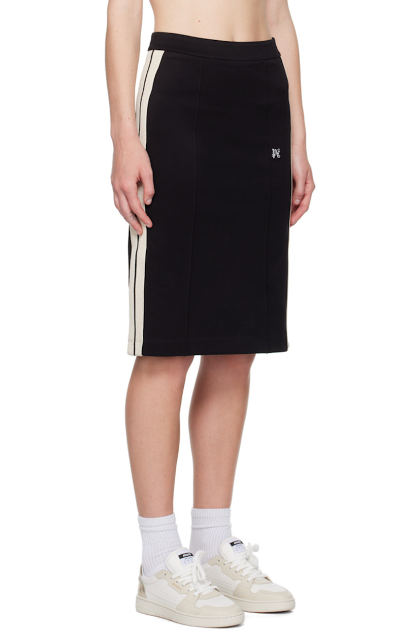 Acetate- and nylon-blend jersey skirt.

· Logo embroidered at front
· Pinched seams at front
· Striped rib knit trim at side seams
· Vented side seam
· Zip closure at back

Supplier color: Black/Off white
