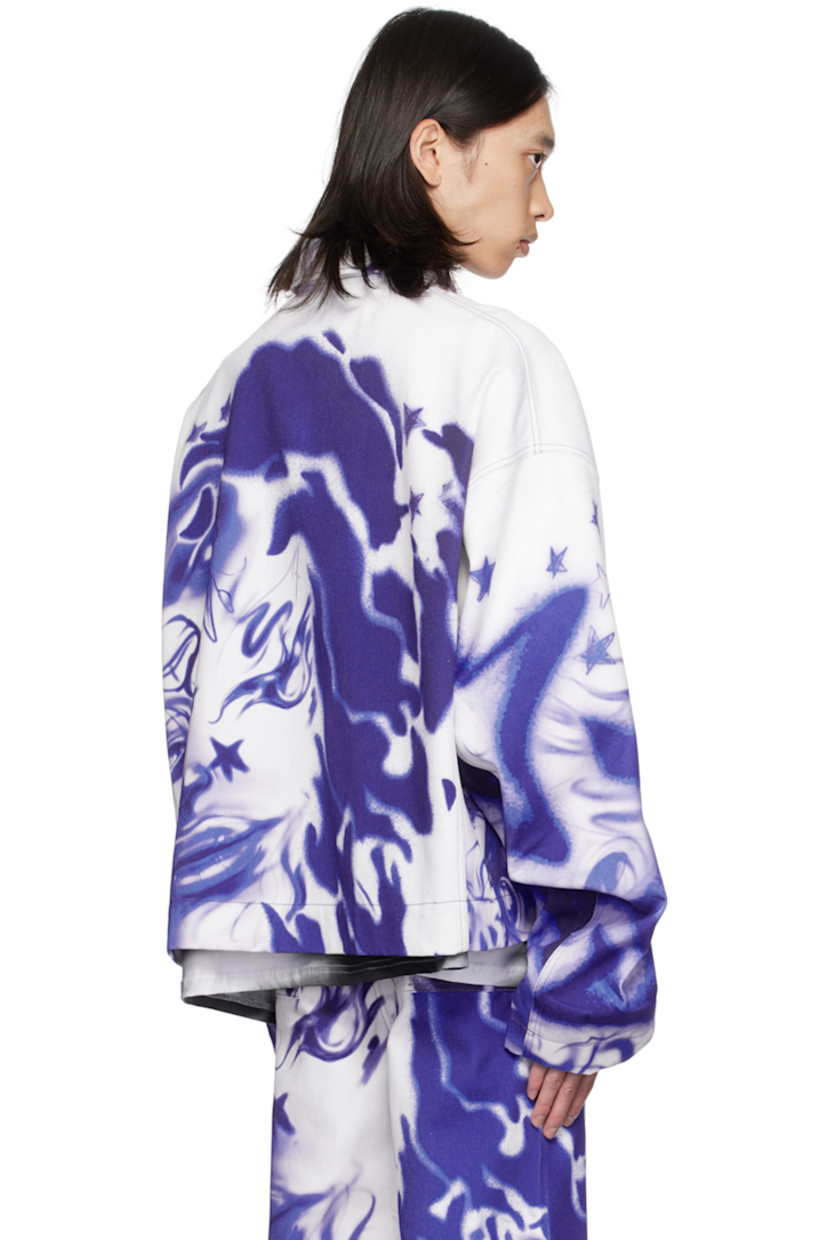 Oversized non-stretch denim jacket. Graphic airbrushed throughout.

· Spread collar
· Zip closure
· Seam pockets
· Inset elasticized cuffs
· Contrast stitching in blue

Supplier color: White/Blue