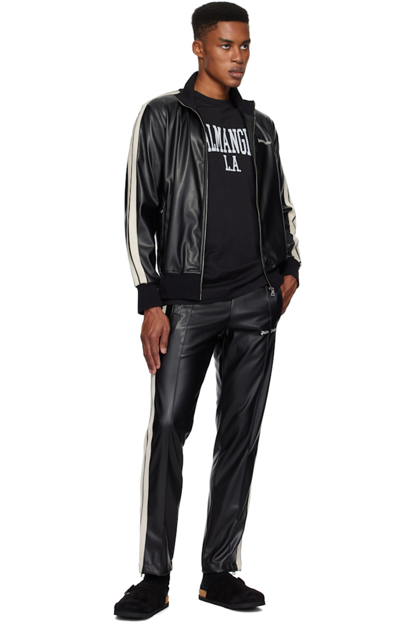 Grained faux-leather track pants.

· Elasticized waistband
· Two-pocket styling
· Pinched seam at front legs
· Logo embroidered at front
· Zip vent at cuffs
· Striped knit trim at outseams
· Full microfibre lining

Supplier color: Black/Off white