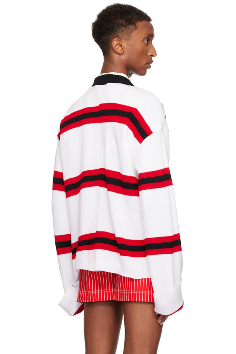 Upcycled knit acrylic- and cotton-blend sweater. Jacquard stripes throughout.

· Rib knit crewneck
· Slits at front
· Dropped shoulders

Available exclusively at SSENSE.

Supplier color: White/Red/Black