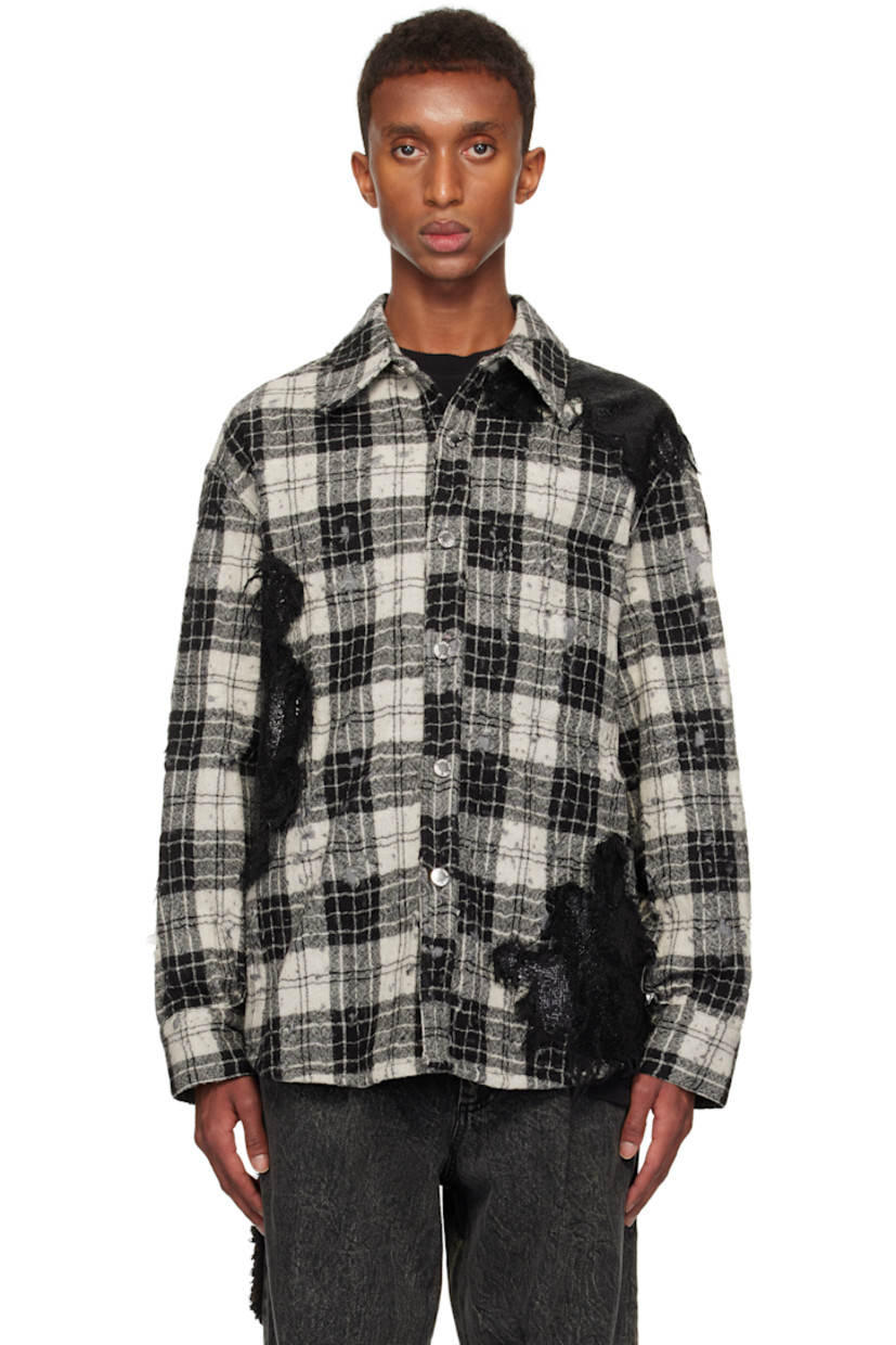 Wool flannel jacket. Jacquard check pattern, sequin, and distressing throughout.

· Spread collar
· Button closure
· Patch pocket
· Shirttail hem
· Single-press-stud barrel cuffs
· Cotton Oxford cloth lining
· Logo-engraved silver-tone hardware

Supplier color: Black/White