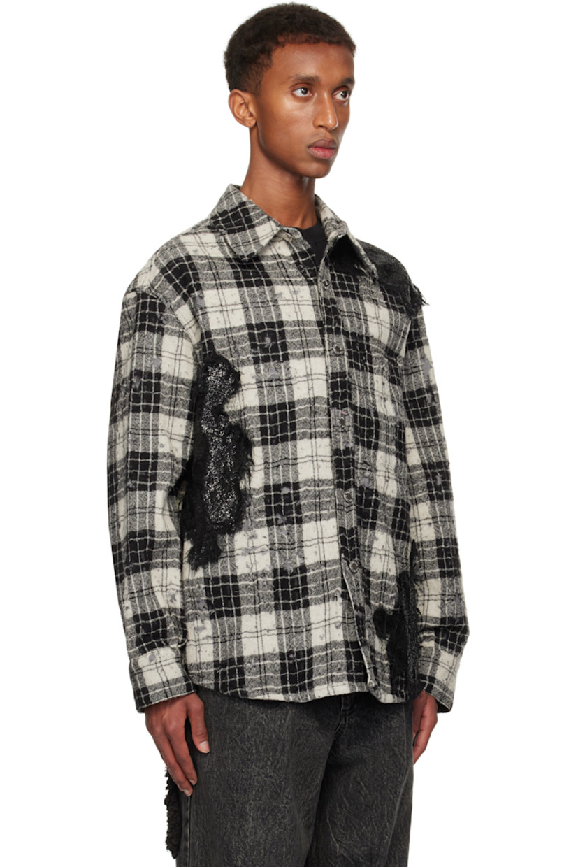 Wool flannel jacket. Jacquard check pattern, sequin, and distressing throughout.

· Spread collar
· Button closure
· Patch pocket
· Shirttail hem
· Single-press-stud barrel cuffs
· Cotton Oxford cloth lining
· Logo-engraved silver-tone hardware

Supplier color: Black/White