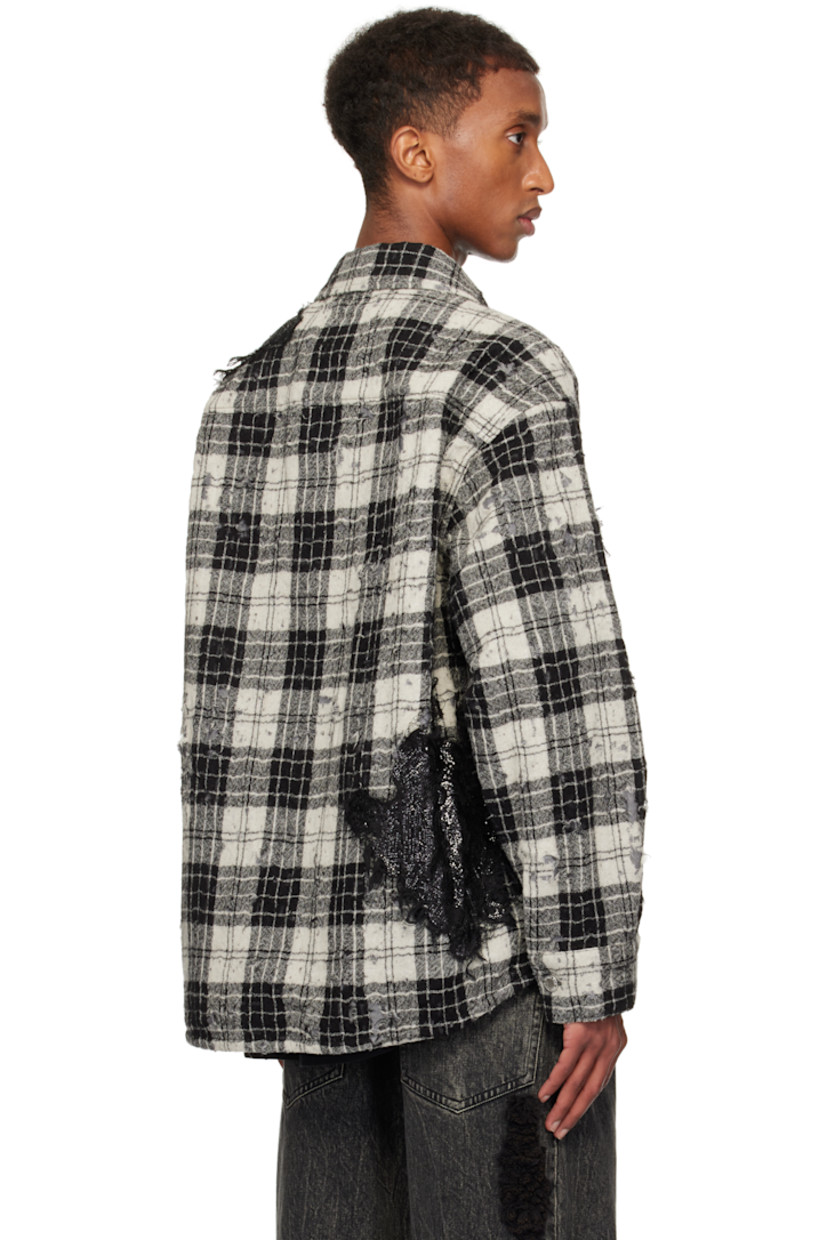 Wool flannel jacket. Jacquard check pattern, sequin, and distressing throughout.

· Spread collar
· Button closure
· Patch pocket
· Shirttail hem
· Single-press-stud barrel cuffs
· Cotton Oxford cloth lining
· Logo-engraved silver-tone hardware

Supplier color: Black/White